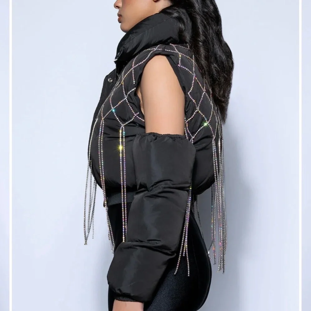 AKIRA Black Cold-Shoulder Puffer Coat With Iridescent Rhinestones Size M - Picture 15 of 16